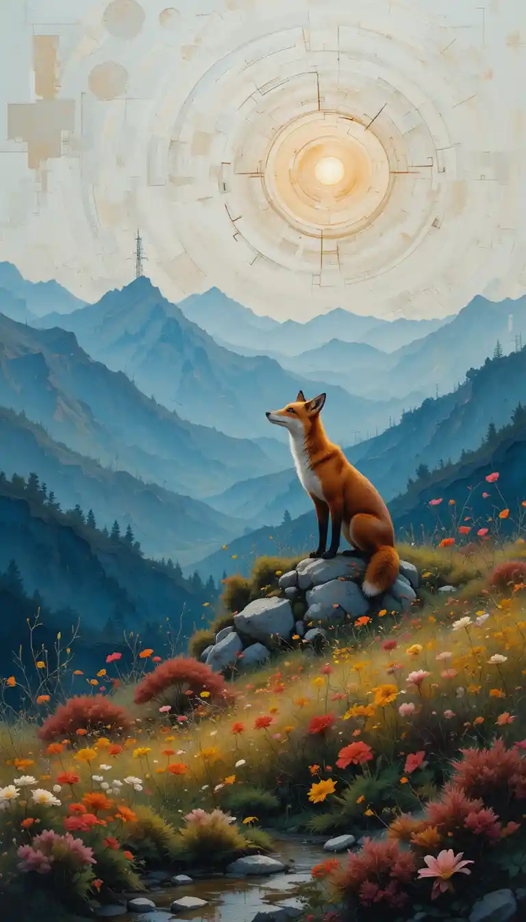 Minimalist red fox on a soft abstract spring landscape ridge