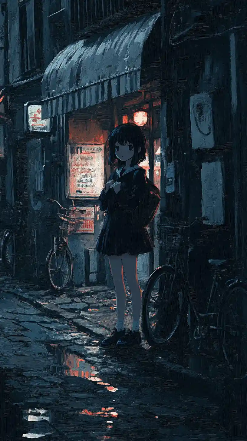 Sad anime schoolgirl in a dim alley hugging a cowboy