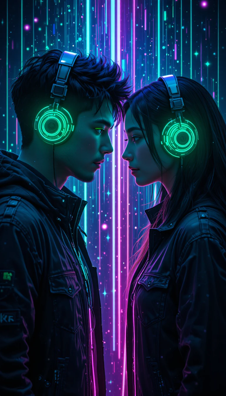 Cyberpunk couple linked by glowing neon headphones