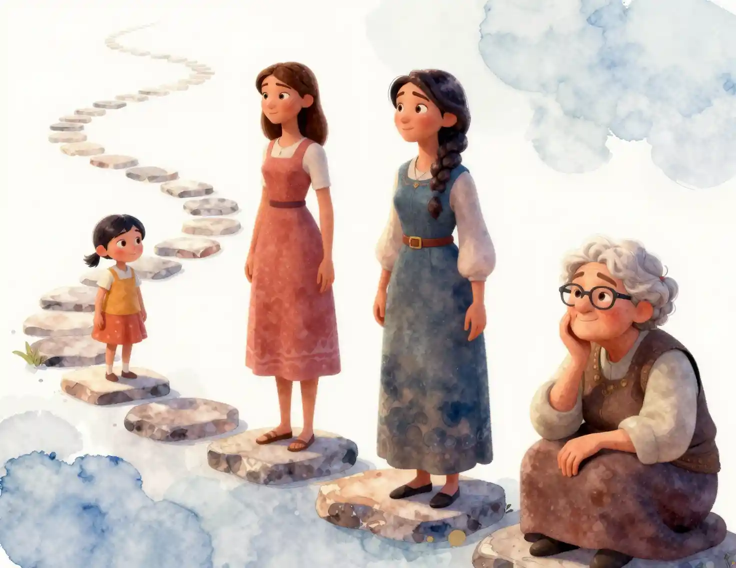 Watercolor portrait of a woman on a winding life path