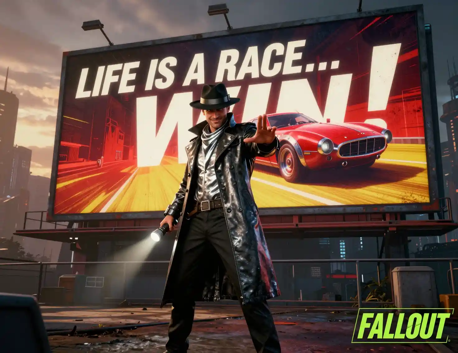 Sci fi detective posing before neon racing billboard
