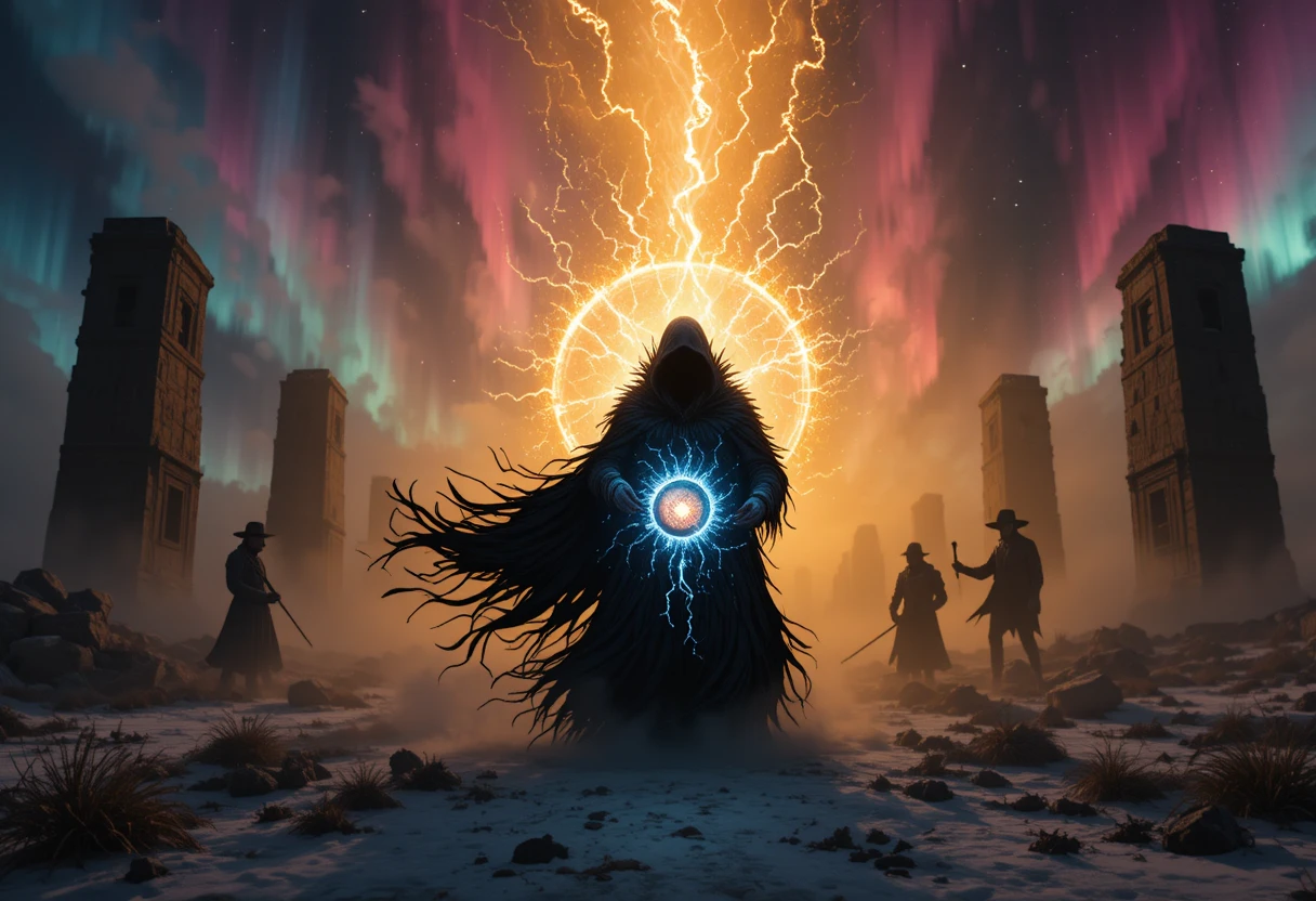 Schamane trommelt in einer neonbeleuchteten Mitternachts-Tundra-Vision
