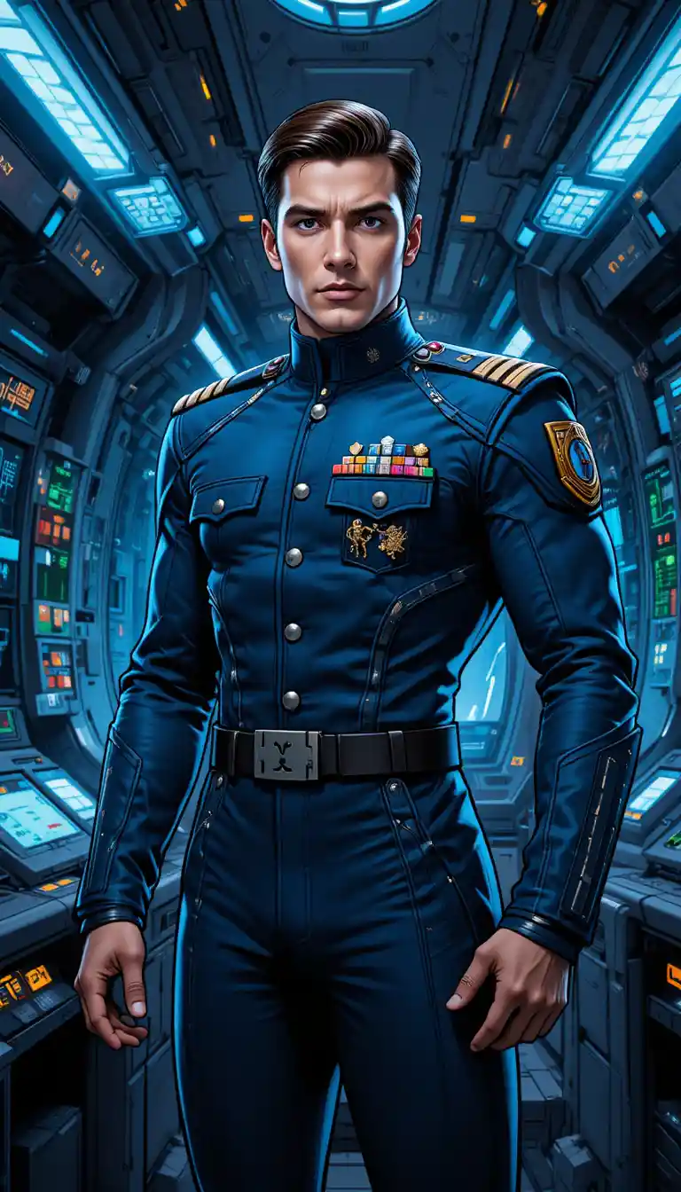 Confident sci fi captain on a futuristic starship bridge