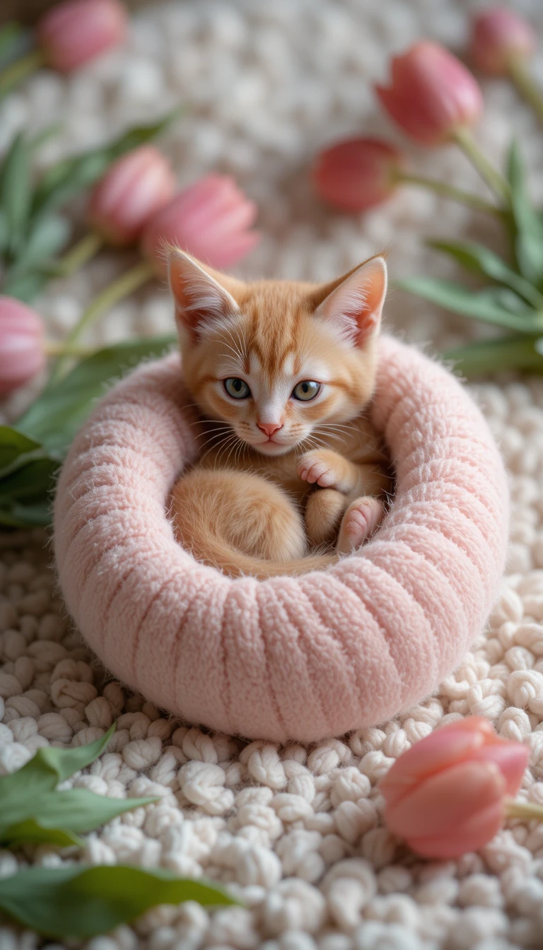 Velvet kitten curled on knitted rug with tulips
