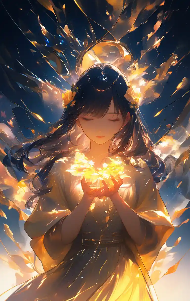Young woman in sunlight with closed eyes among flowers