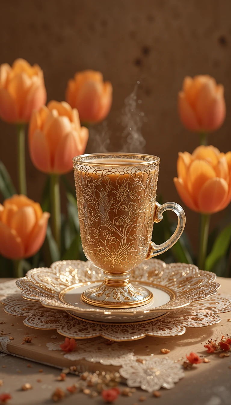 Taza de café de malla dorada sobre plato de encaje con tulipanes