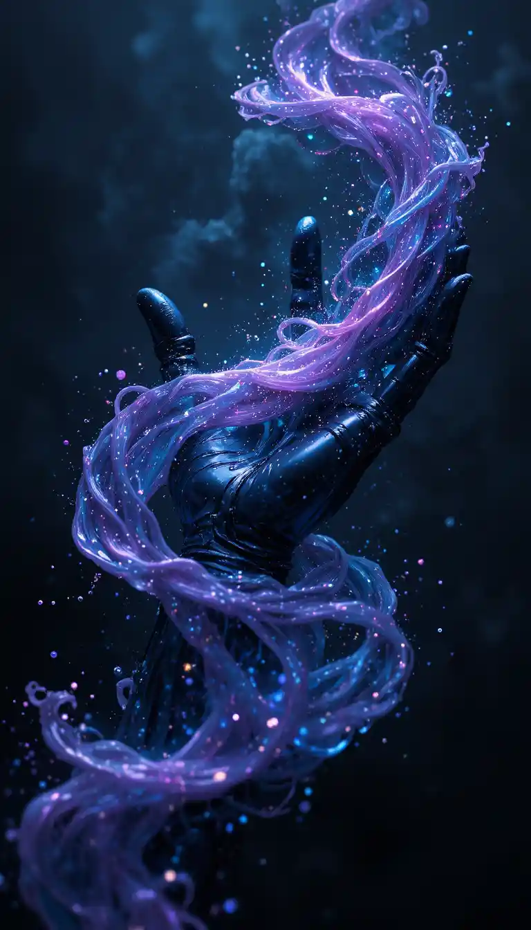 Mechanical hand holding glowing cosmic nebula ribbon