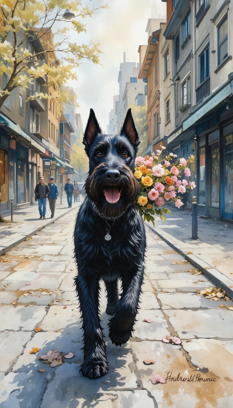 Schwarzer Schnauzer mit Blumenstrauß auf einer Frühlingsstraße in der Stadt