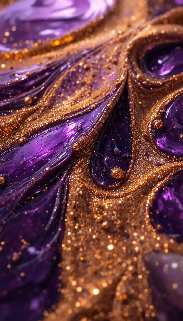 Nahaufnahme von fließender violetter Metallflüssigkeit mit Goldstaub
