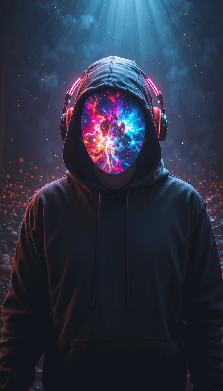 Hooded DJ Silhouette With Galaxy Face And Neon Headphones