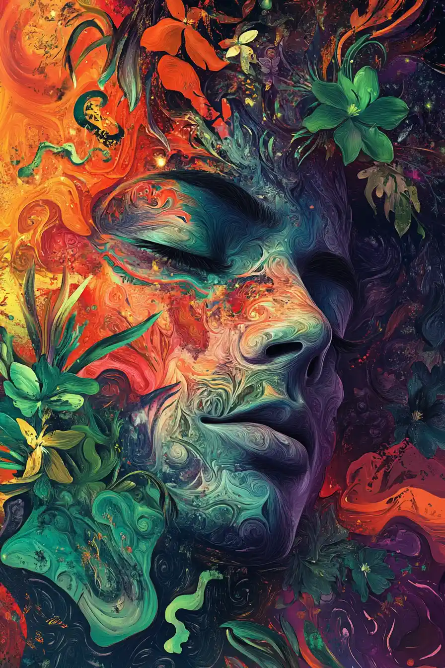 Primer plano surrealista de un rostro con ojos verdes y follaje