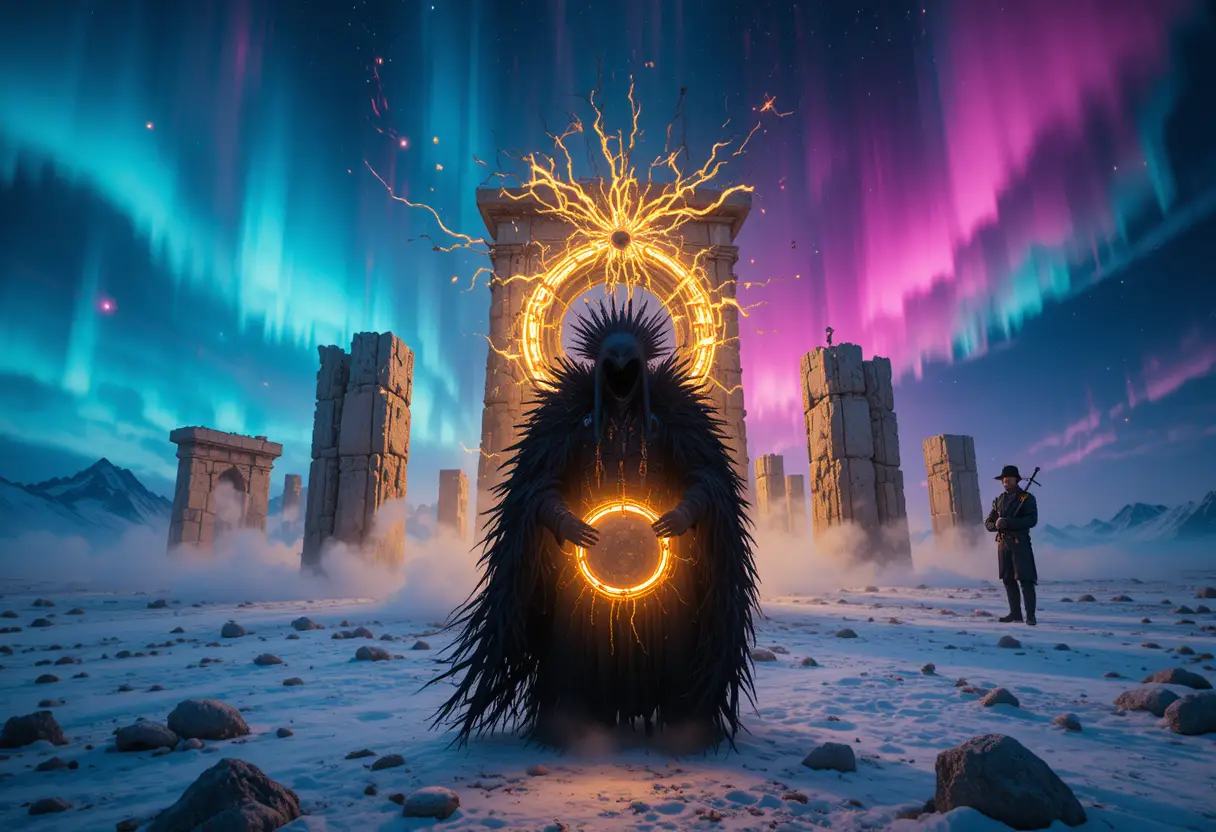 Shaman Drumming In Neon Lit Siberian Tundra Night
