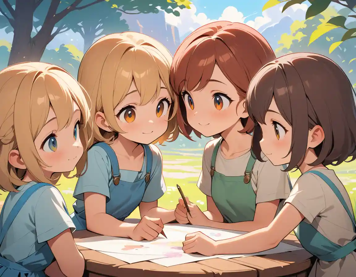 Five young sisters smiling together in soft spring light