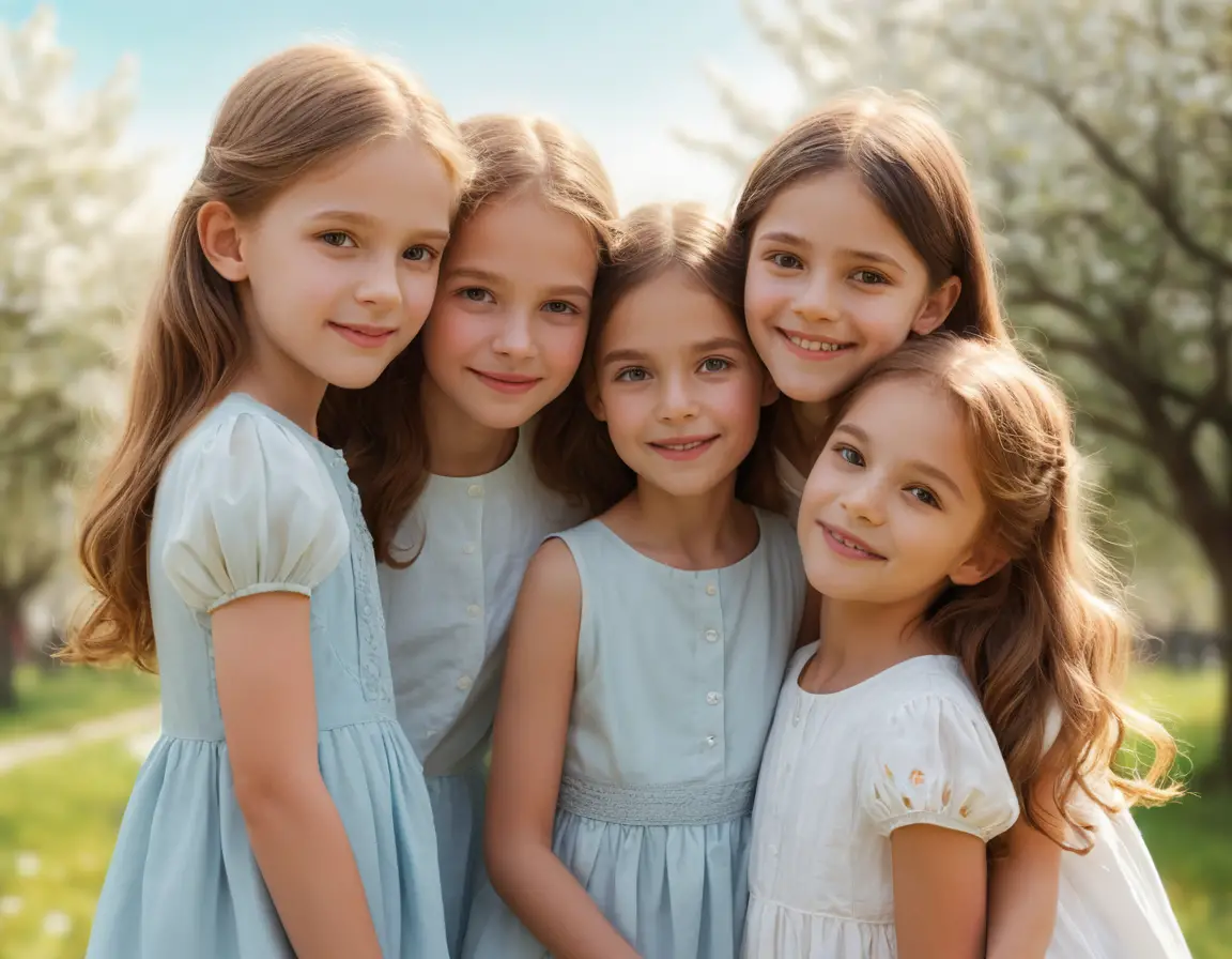 Five sisters sharing a tender spring moment outdoors