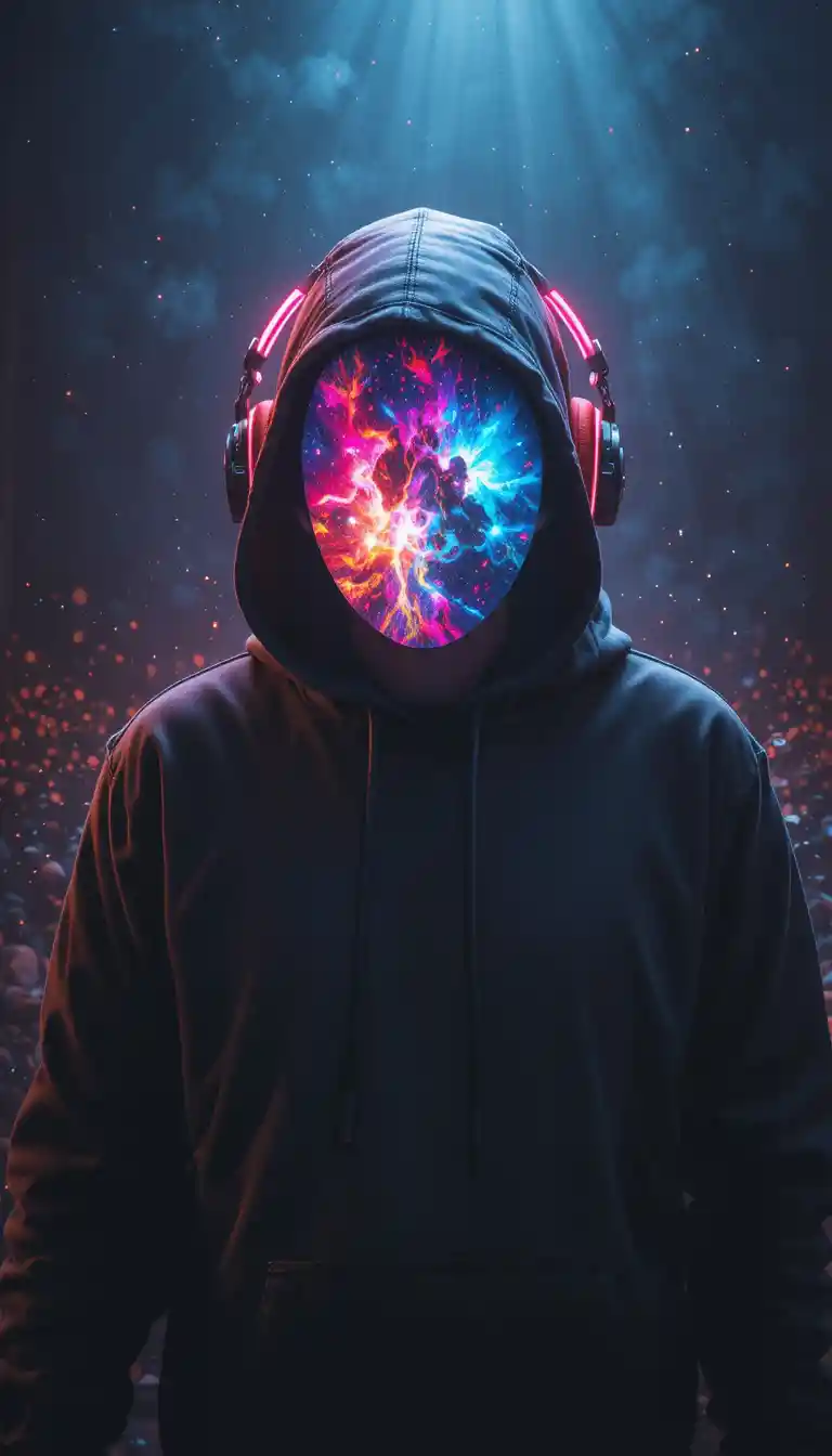 Hooded DJ Silhouette With Galaxy Face And Neon Headphones