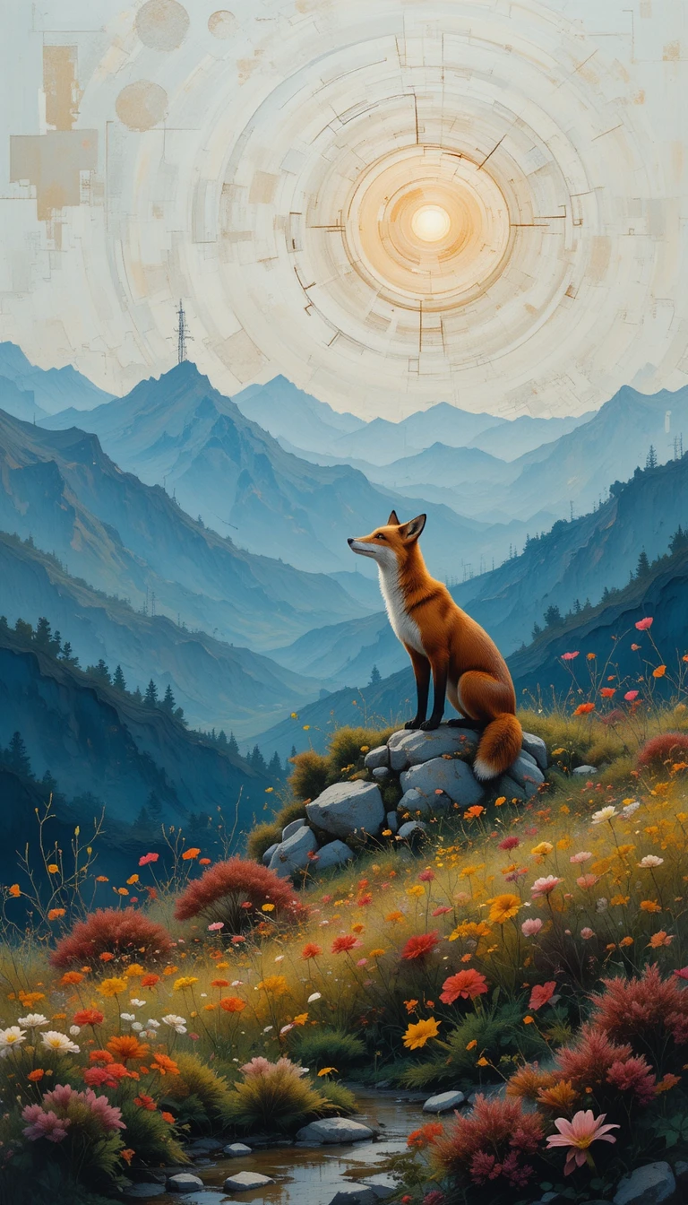 Minimalist red fox on a soft abstract spring landscape ridge