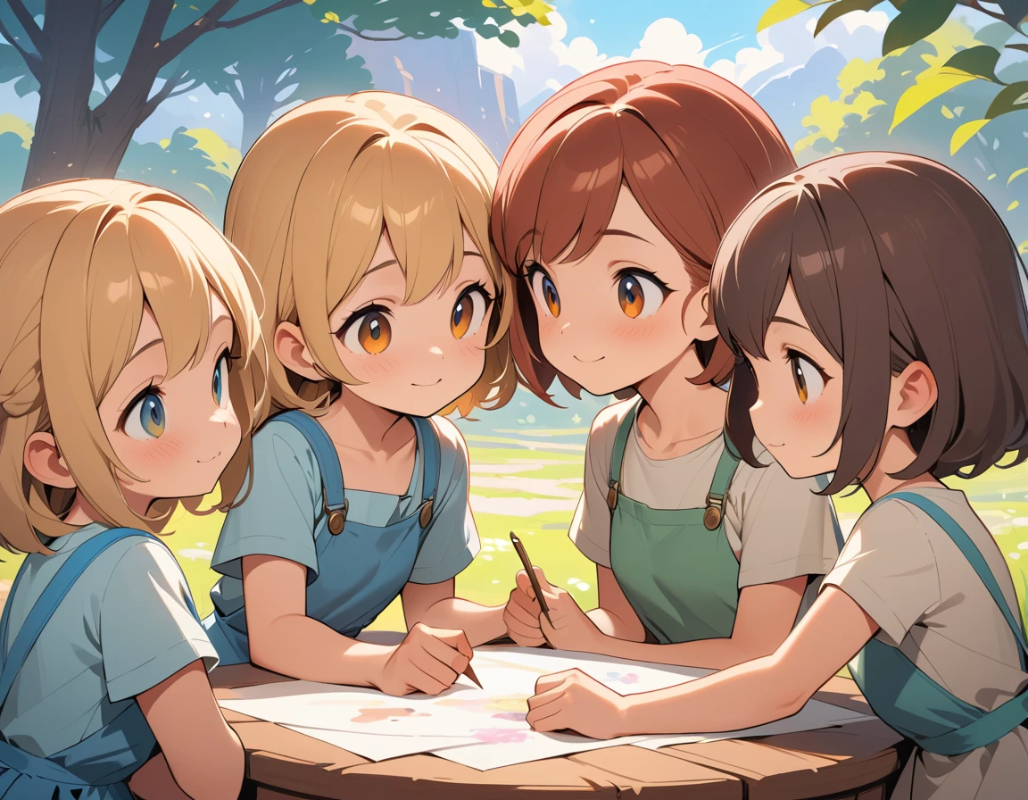 Five young sisters smiling together in soft spring light
