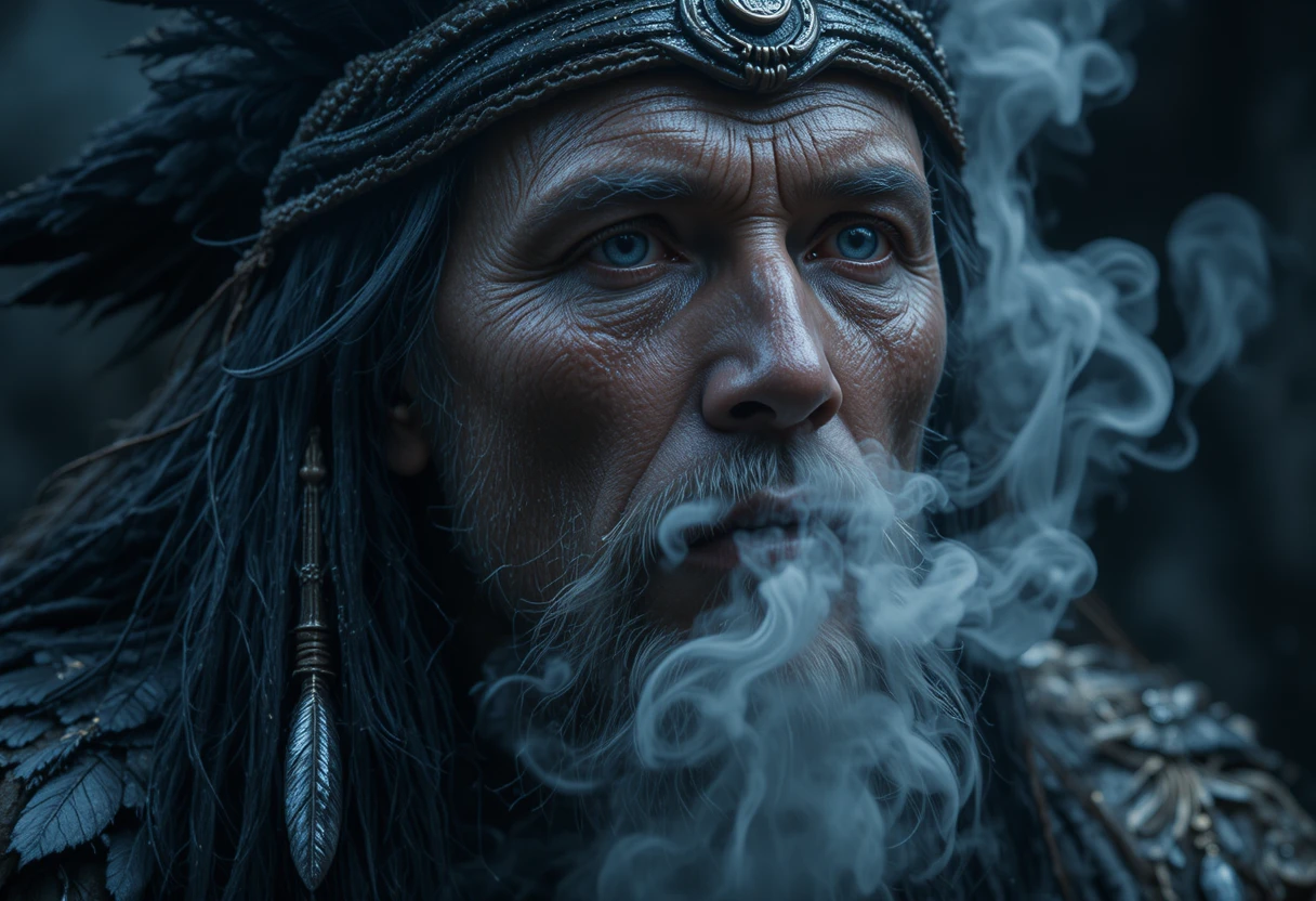 Siberian shaman in ritual trance with smoke and feathers