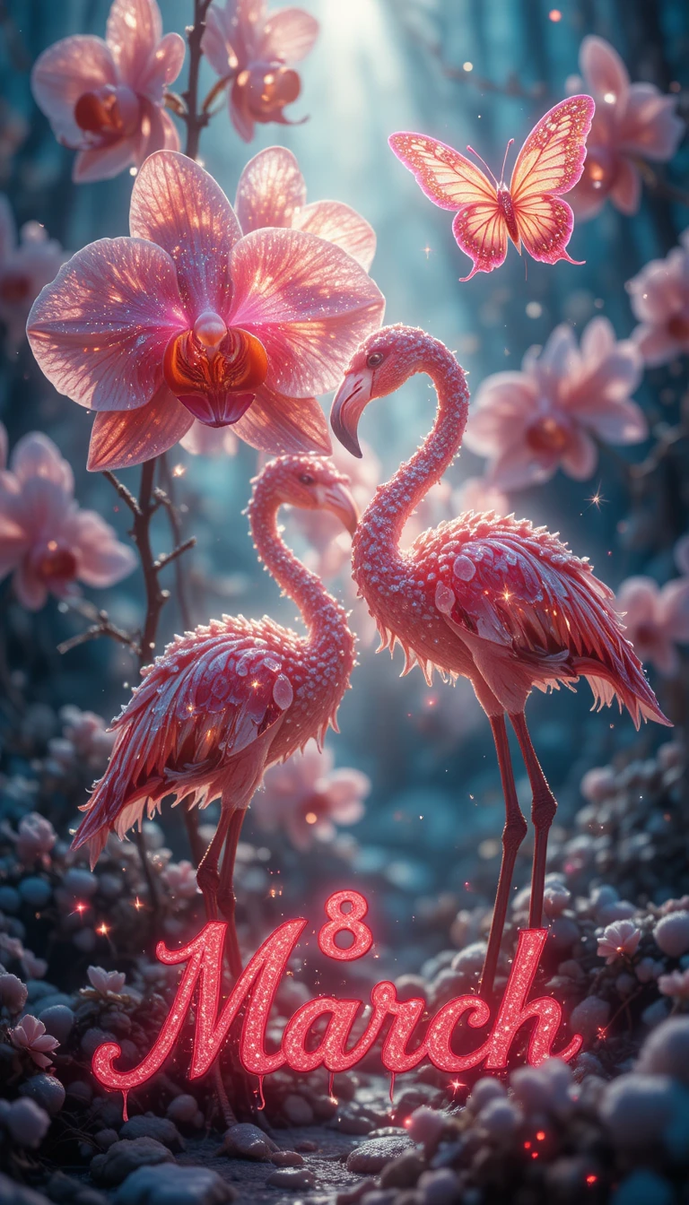 Orchidee 3D luminose con farfalle e scintille al neon
