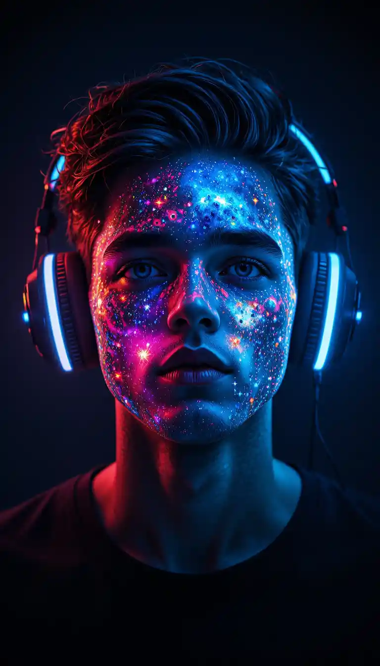 Porträt eines jungen Mannes mit Neon-Kopfhörern und Galaxie-Gesicht