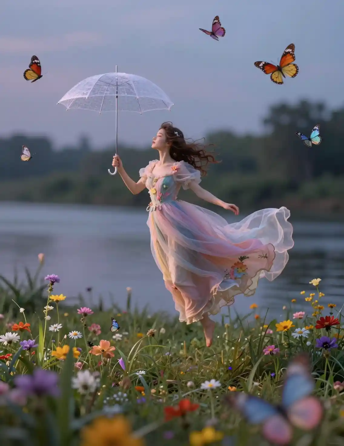 Fantasy woman hovering in a dreamy riverside meadow