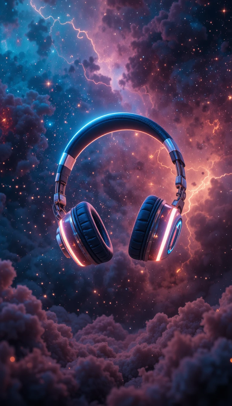 Glowing Neon Headphones Floating In Colorful Deep Space