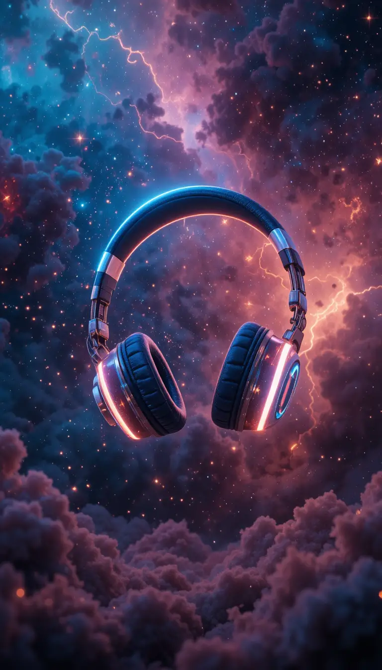 Glowing Neon Headphones Floating In Colorful Deep Space