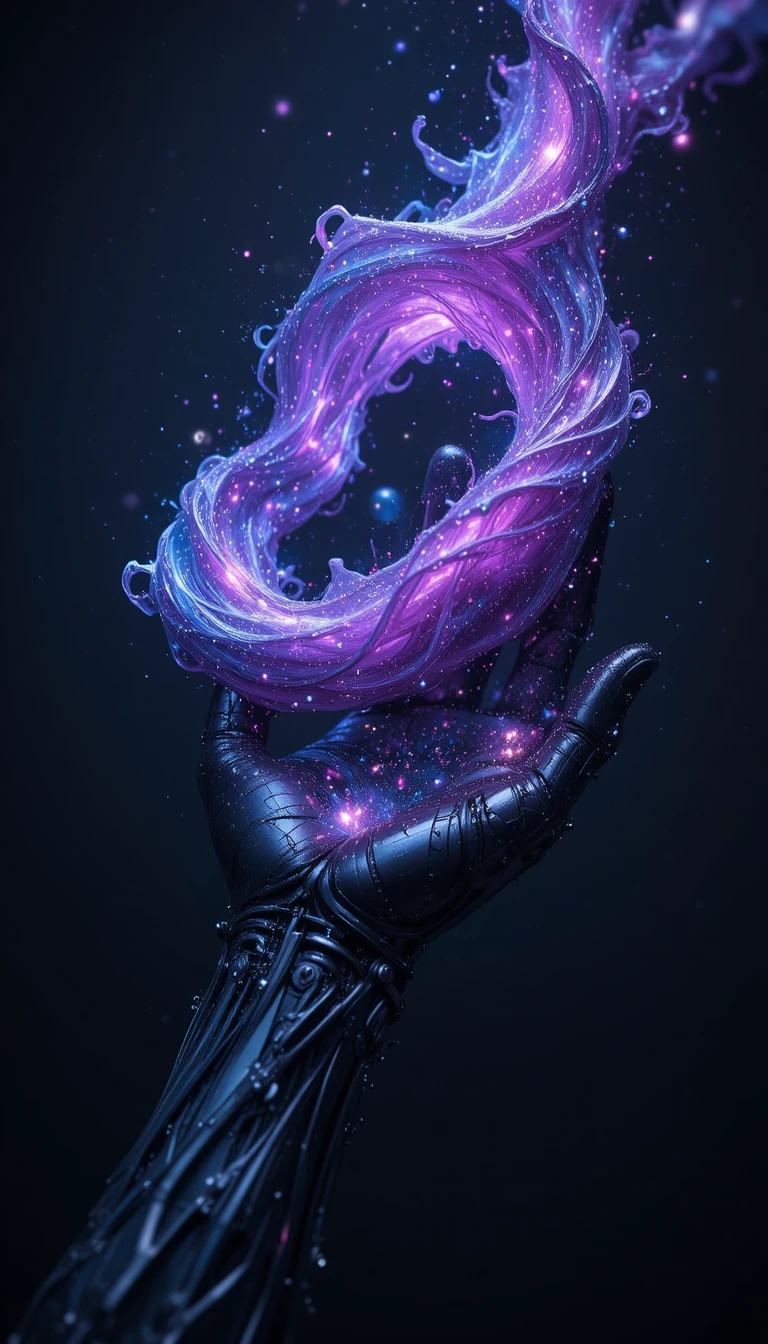 Mechanische Flüssigmetall-Hand hält leuchtendes kosmisches Band