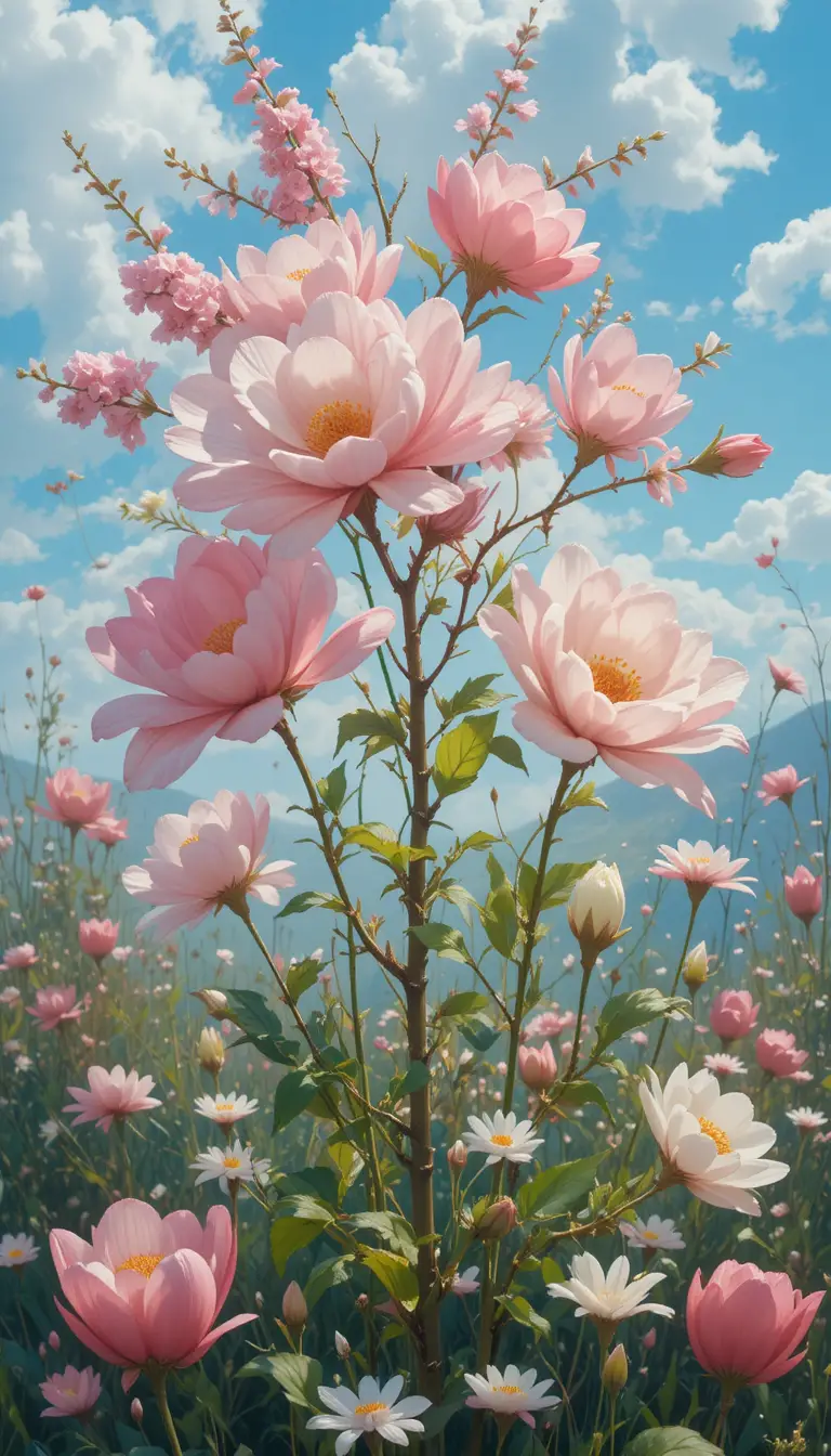 Fresh spring landscape with blooming flowers in soft light