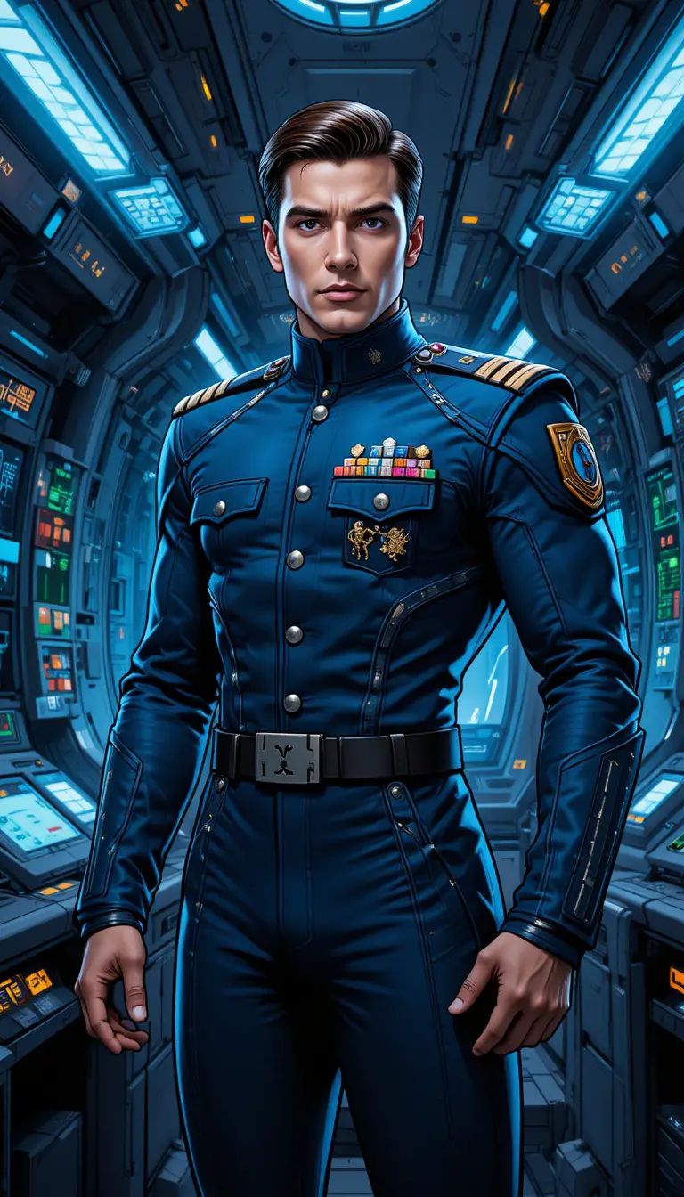 Confident sci fi captain on a futuristic starship bridge