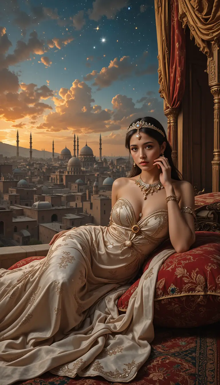 Giovane ragazza sensuale sdraiata su un cuscino rosso in città araba