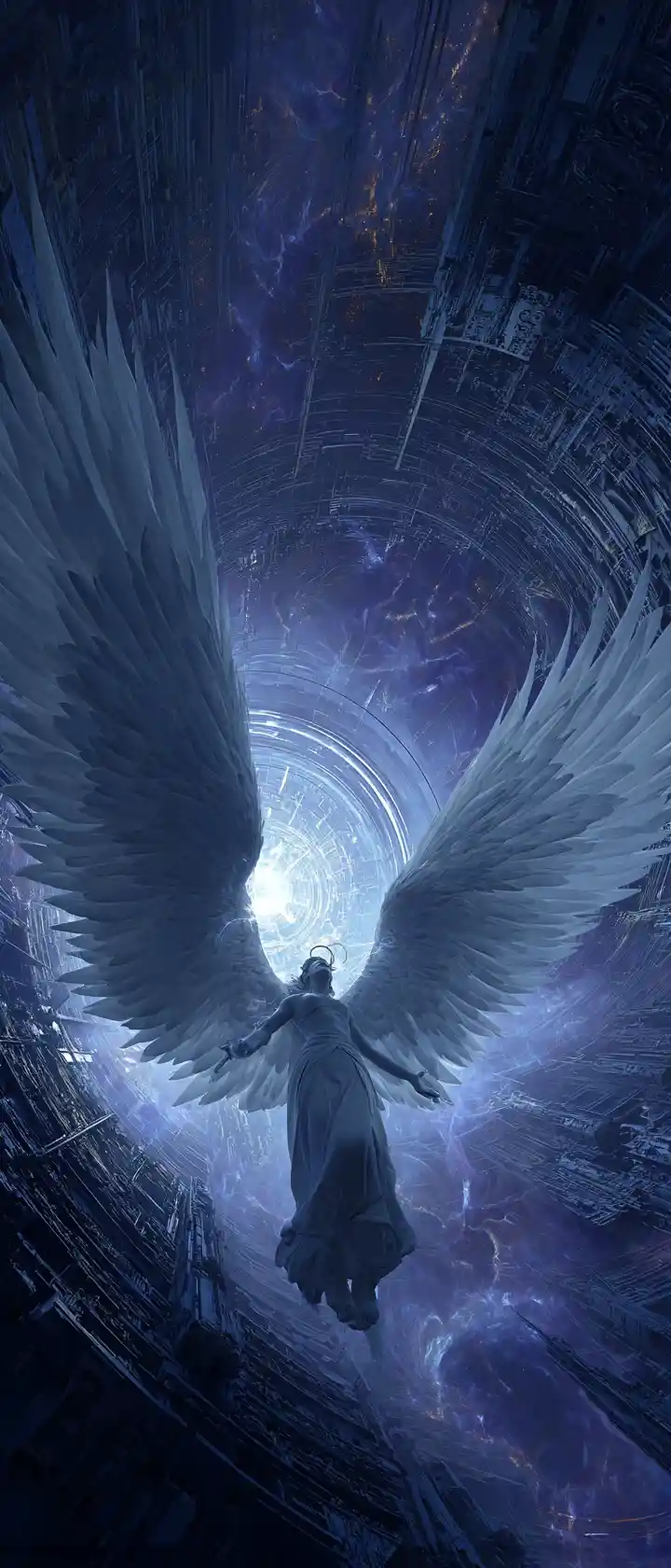 Sad angel leaving earth into the dark cosmic void