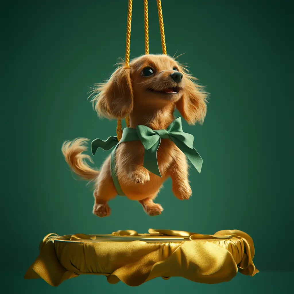 Cute cartoon dachshund floating above golden fabric platform