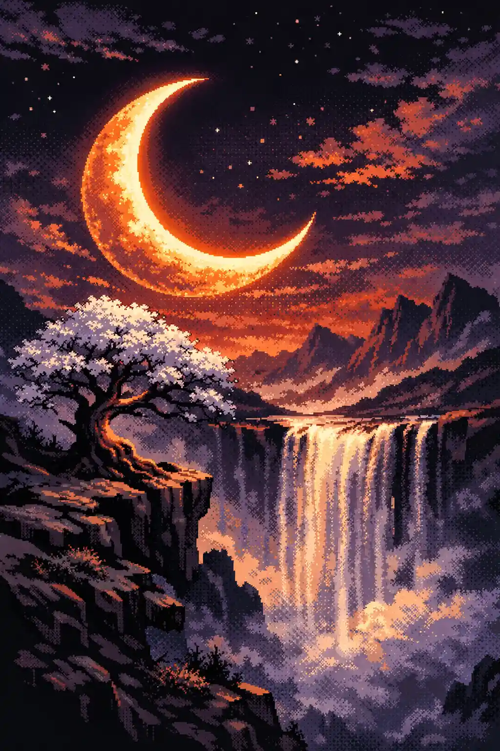 Albero sulla scogliera in pixel art sotto una luna crescente brillante