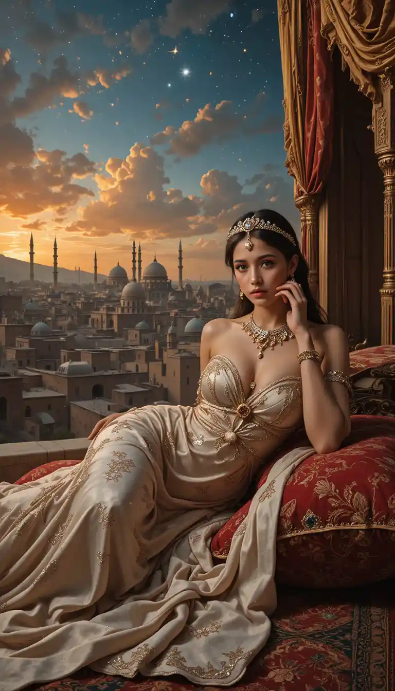 Giovane ragazza sensuale sdraiata su un cuscino rosso in città araba