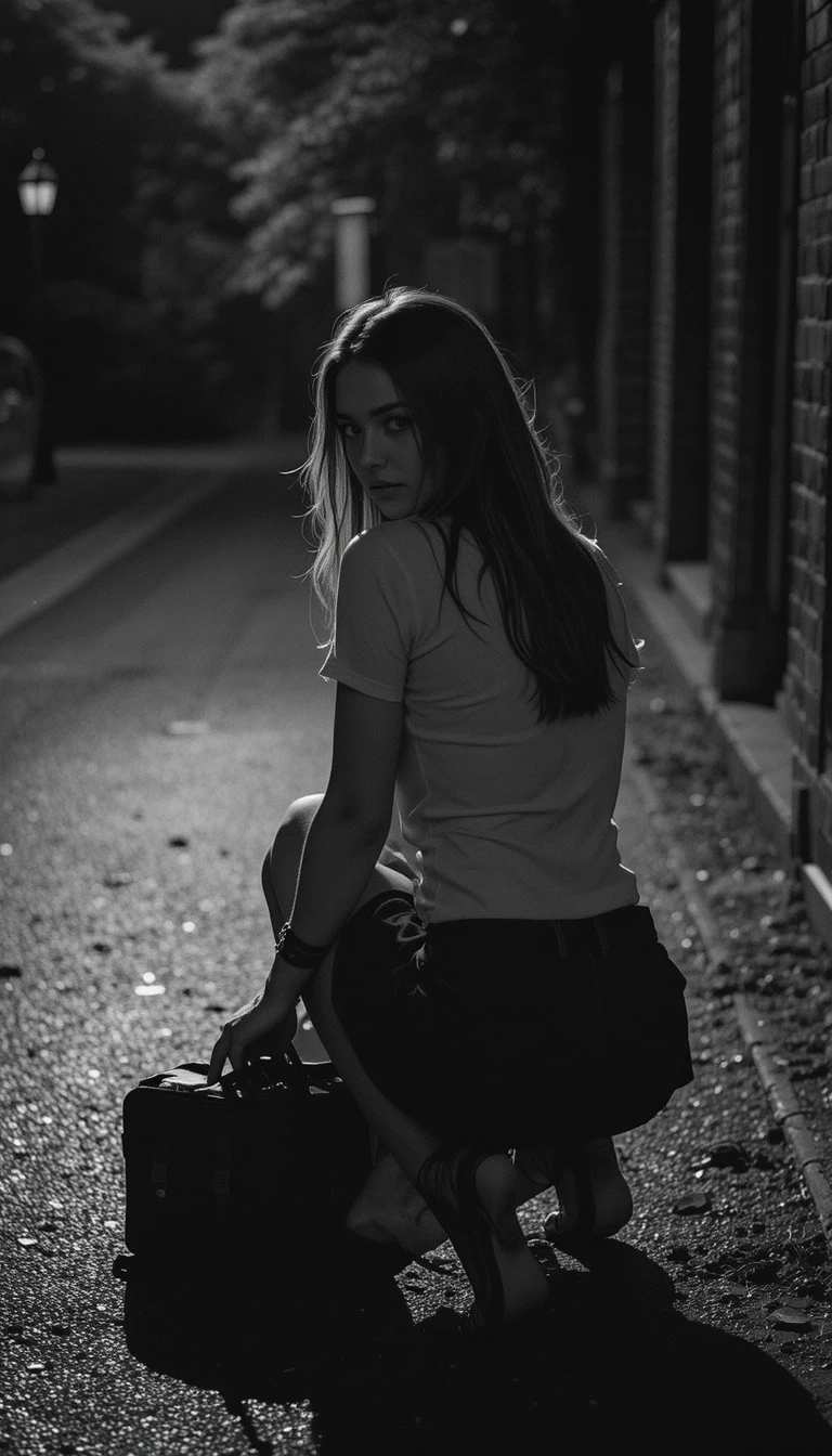 Young woman kneeling in low light black and white scene