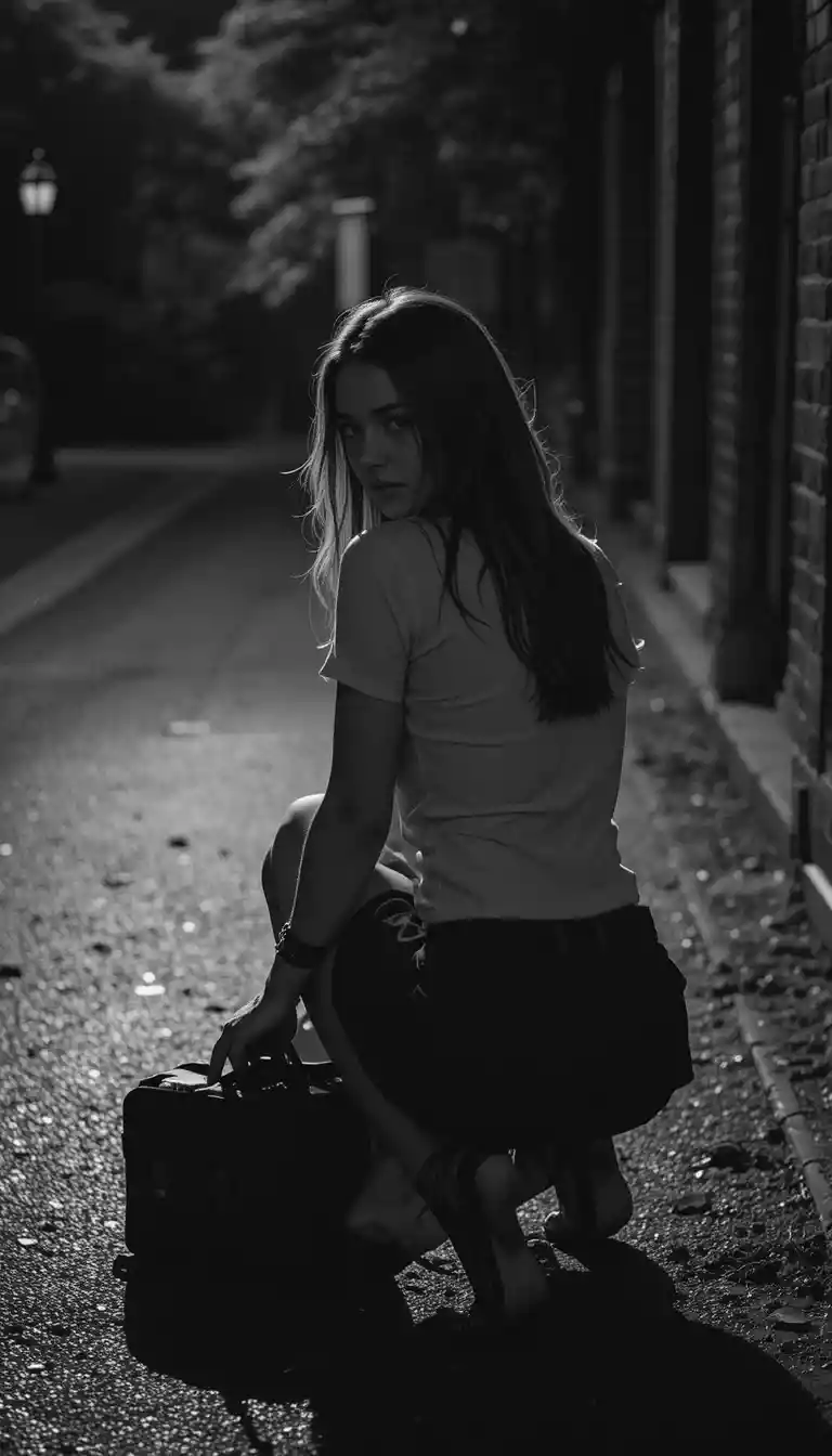 Young woman kneeling in low light black and white scene