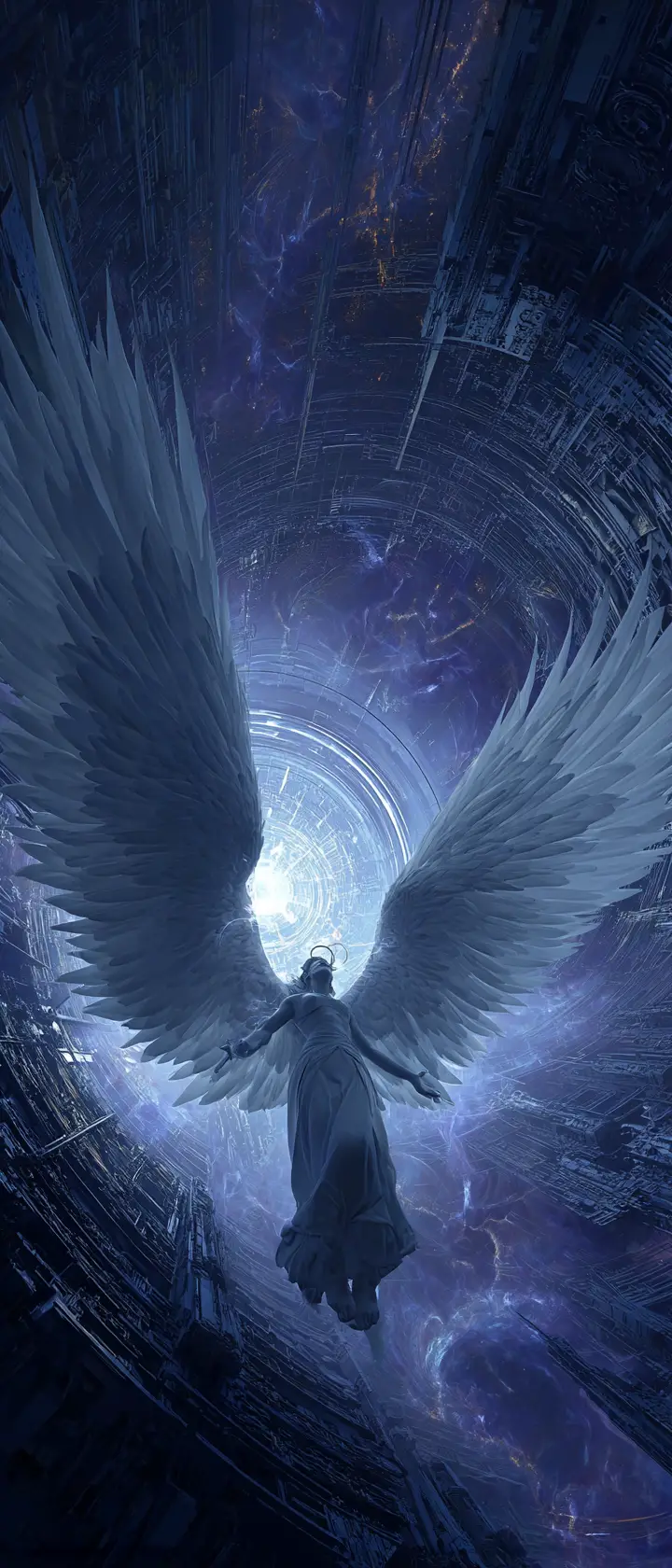 Sad angel leaving earth into the dark cosmic void