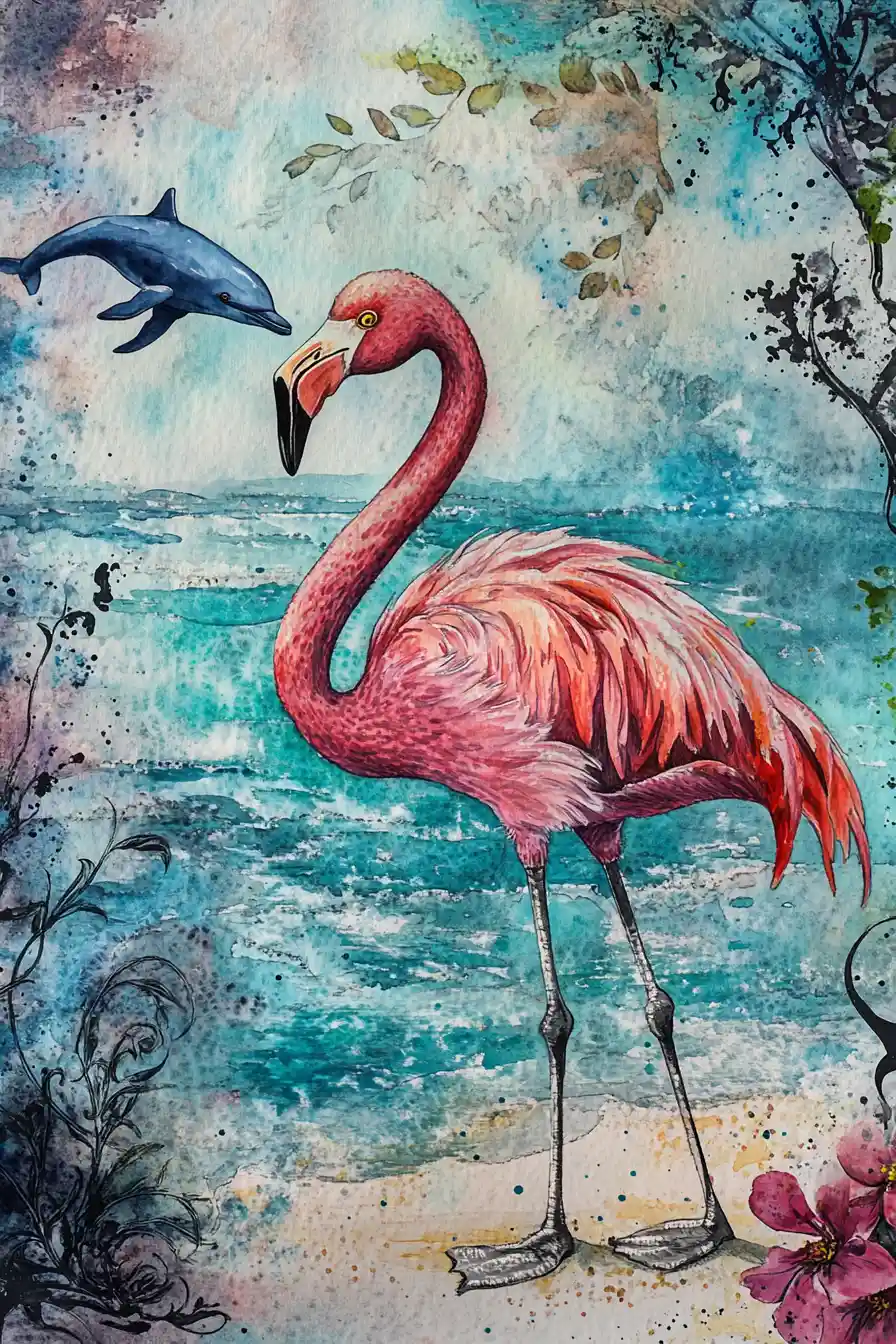 Rosa Flamingo-Aquarell am Ufer in traumhaften Farben