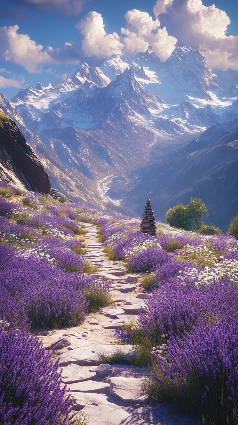 Mountain path through lavender slopes toward distant snowy peaks