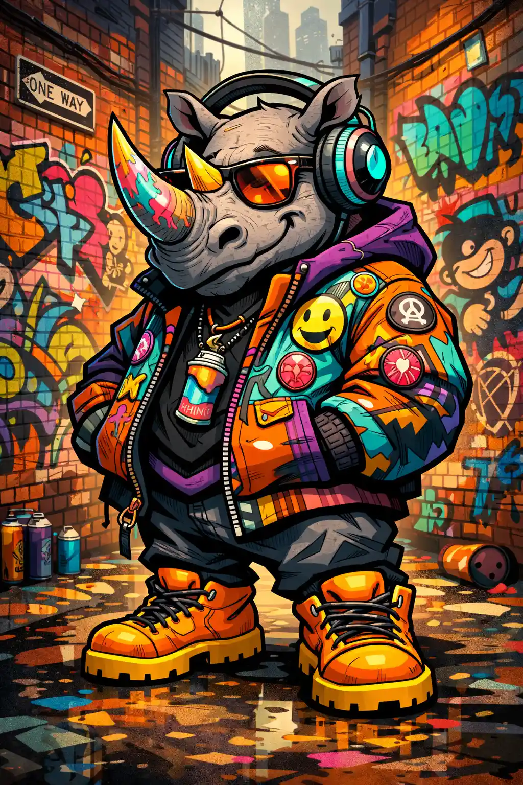 Graffiti rhino in bold streetwear in urban alley