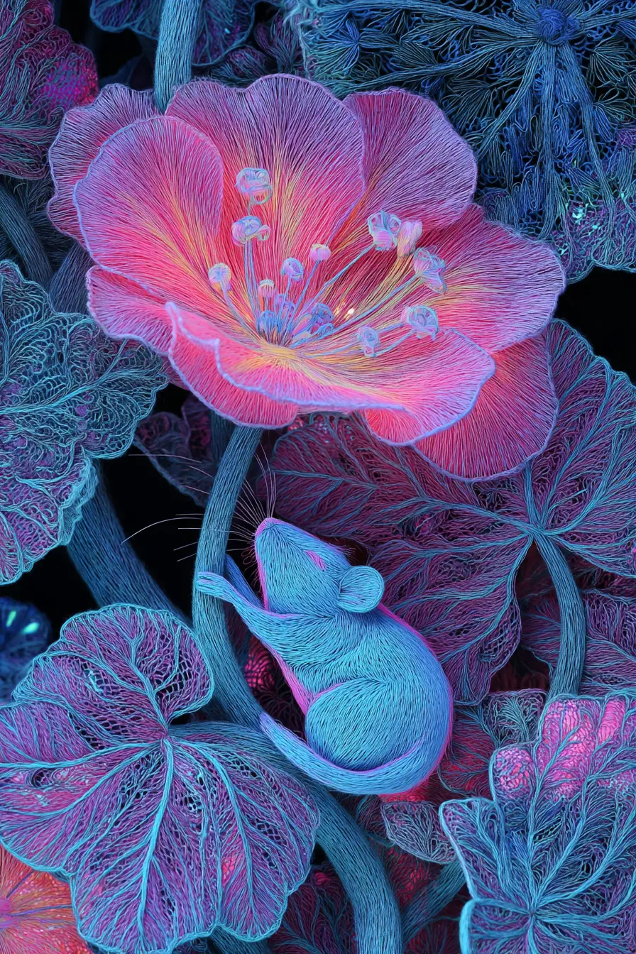 Sleeping mouse nestled in a luminous surreal flower