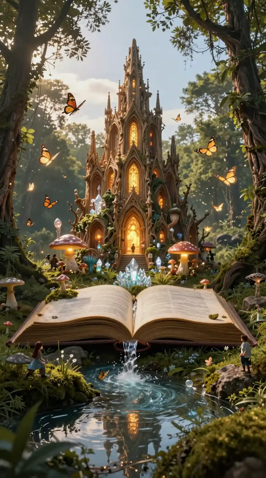 Altes Steinbuch entfaltet sich zu einer verzauberten Waldkathedrale