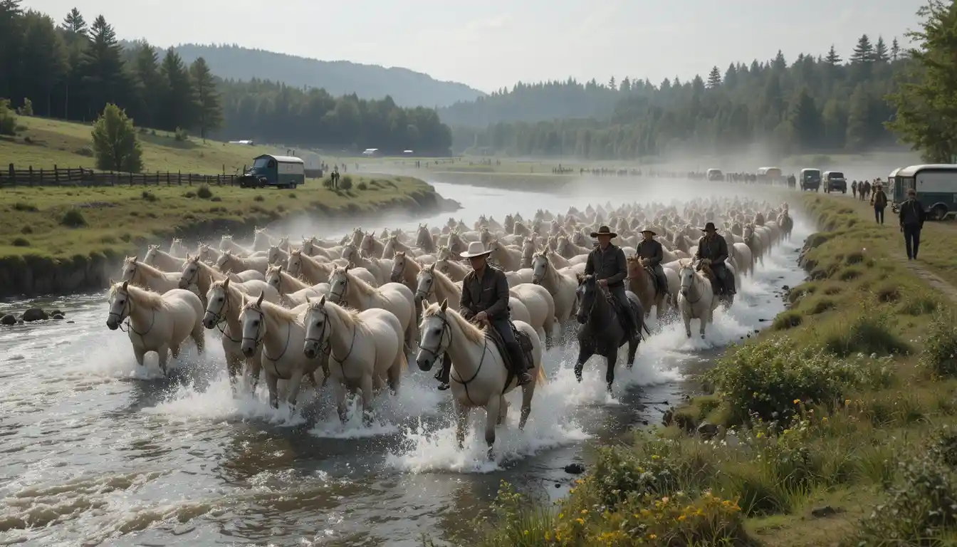 Cowboys driving cattle across a shallow river ford