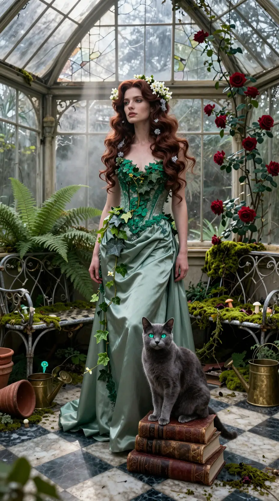 Regal woman in a decaying victorian glass conservatory