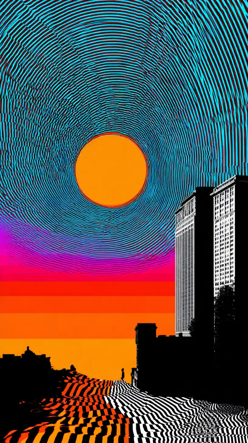 Off center neon sun above cropped building silhouette