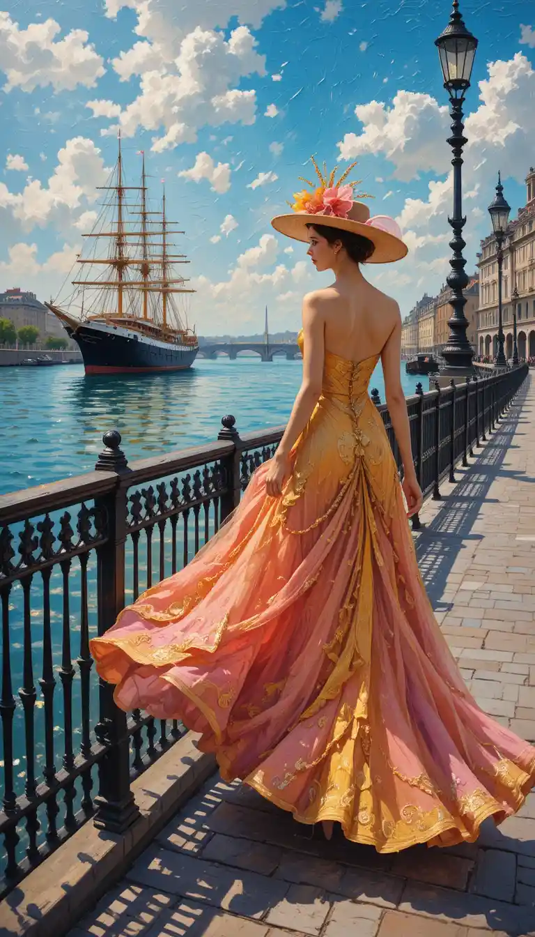 Elegant woman walking by a sunny Parisian riverside pier