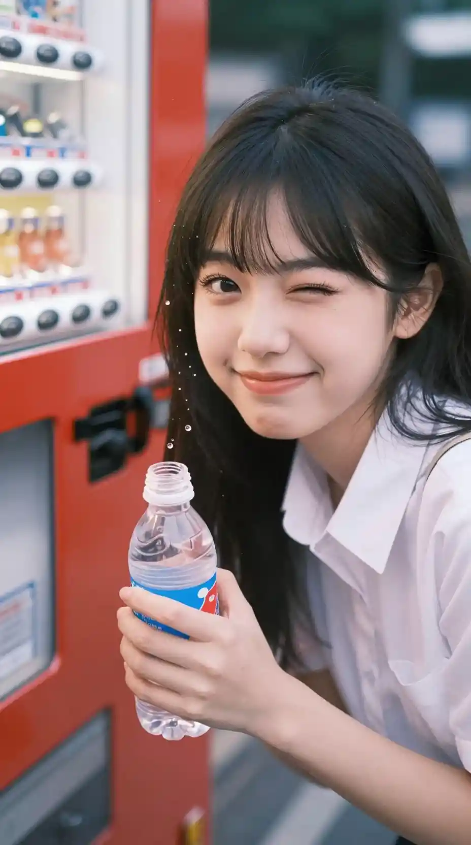 販賣機旁極致特寫的俏皮日本女學生