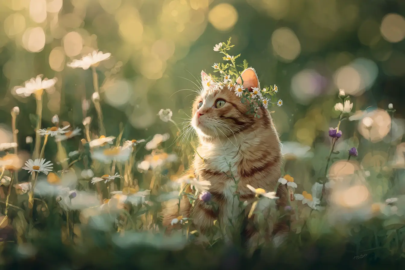 Playful cat in a dreamy wildflower meadow illustration