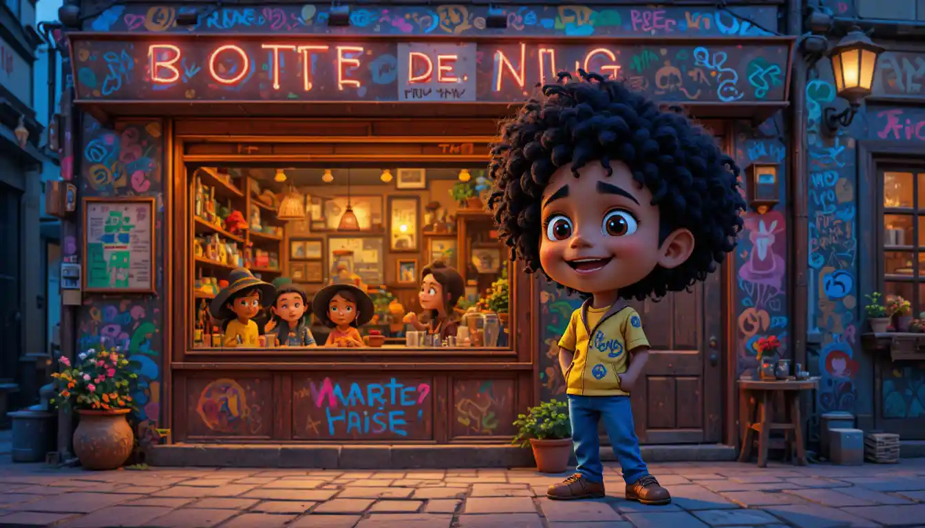 Joyful child in front of neon nightclub cartoon scene